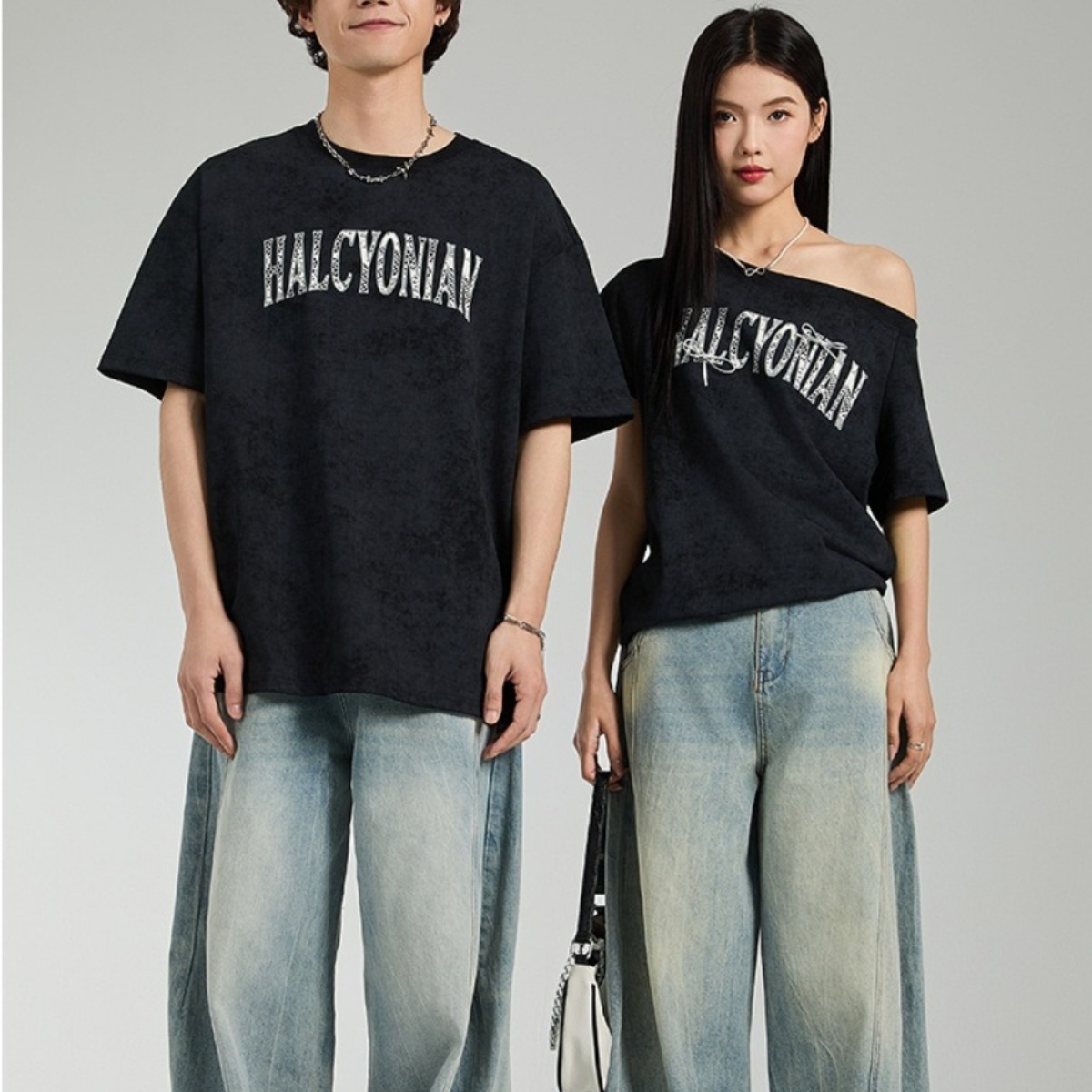 カップルペアルック ヴィンテージムード オフショル×ゆるシルエットTシャツ